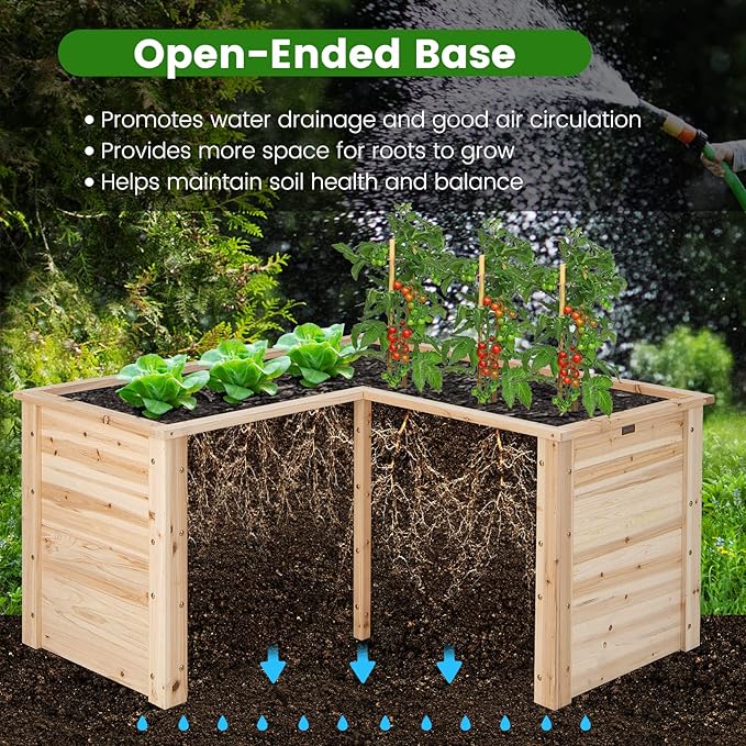 Giantex Wood Raised Garden Bed, 47.5"x47.5"x24.5" Elevated Planter Box w/Open-Ended Base for Deep-Rooted Plant Vegetable Fruit Flower, Outdoor Solid Wood Planter for Patio Backyard