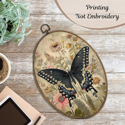 LKETW Vintage Floral Dragonfly Butterfly Oval Wall Art Decor, Farmhouse Nature Oval Canvas Hanging Decor, Rustic Wildflower Insect Wall Decorations for Home Living Room Bedroom, 8.6x11.4 Inch Set of 2
