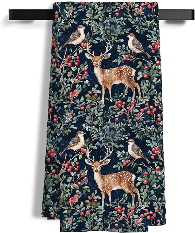 Vintage Christmas Reindeer Bird Kitchen Towels, Farmhouse Christmas Decorative Hand Towels for Bathroom, Xmas Red Berry Botanical Dish Tea Towel for Kitchen Decor, 16x24 Inch