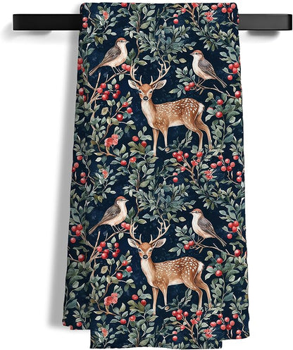 Vintage Christmas Reindeer Bird Kitchen Towels, Farmhouse Christmas Decorative Hand Towels for Bathroom, Xmas Red Berry Botanical Dish Tea Towel for Kitchen Decor, 16x24 Inch