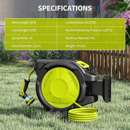 Retractable Garden Hose Reel 65ft Heavy Duty Wall Mounted Hose Holder with Automatic Rewind 180 Degree Swivel Bracket 10 Pattern Nozzle Durable PVC Hose for Yard Lawn Car Watering Cleaning
