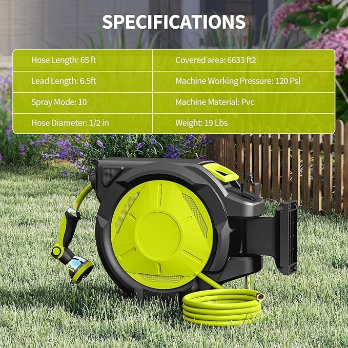 Retractable Garden Hose Reel 65ft Heavy Duty Wall Mounted Hose Holder with Automatic Rewind 180 Degree Swivel Bracket 10 Pattern Nozzle Durable PVC Hose for Yard Lawn Car Watering Cleaning