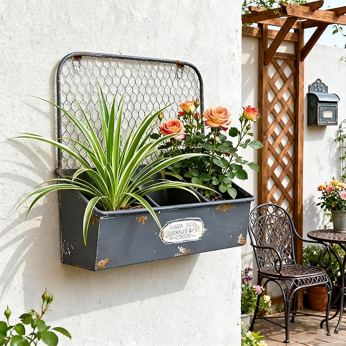 Rustic Metal Wall Mounted Planter Vintage Hanging Flower Pot with 3 Compartments Farmhouse Plants Holder Succulents Tubs for Garden Railing Fence Patio Yard Outdoor Decor