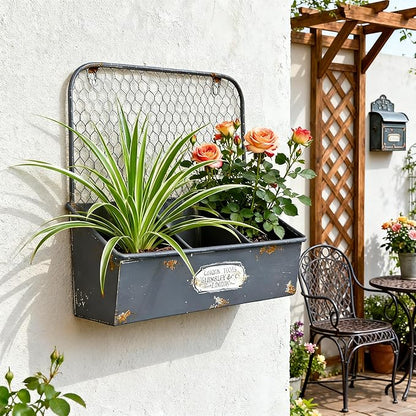 Rustic Metal Wall Mounted Planter Vintage Hanging Flower Pot with 3 Compartments Farmhouse Plants Holder Succulents Tubs for Garden Railing Fence Patio Yard Outdoor Decor