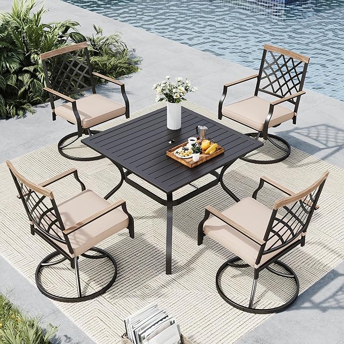 MFSTUDIO 5 PCS Patio Dining Set with 4 Swivel Metal Chairs with Cushion and 1 Heavy Duty Metal Square Table for 4, All Weather Resistant Patio Furniture for Lawn and Garden
