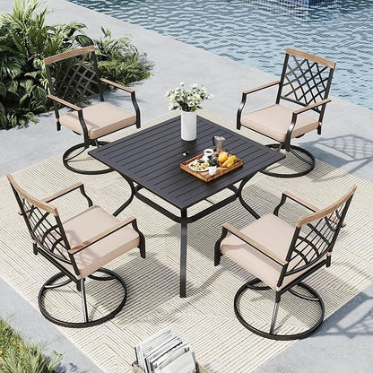 MFSTUDIO 5 PCS Patio Dining Set with 4 Swivel Metal Chairs with Cushion and 1 Heavy Duty Metal Square Table for 4, All Weather Resistant Patio Furniture for Lawn and Garden