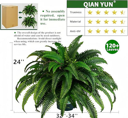 QIANYUN 2PCS Fake Ferns- Artificial Ferns for Outdoors-Faux Plants Boston Fern Tall Potted Plant Large for Front Porch Office Home Decor Indoor Outdoor