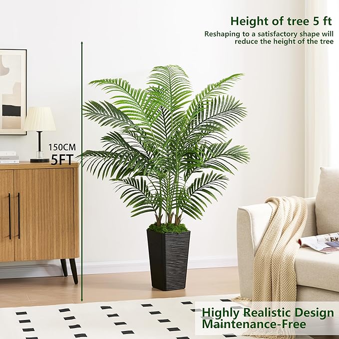 Artificial Palm Tree Indoor, 5FT Fake Floor Plants Large Tropical Silk Plant with Black Square Planter, Faux Areca Palm Plant Artificial Tree in Pot for Home Room Office Outdoor Patio Decor