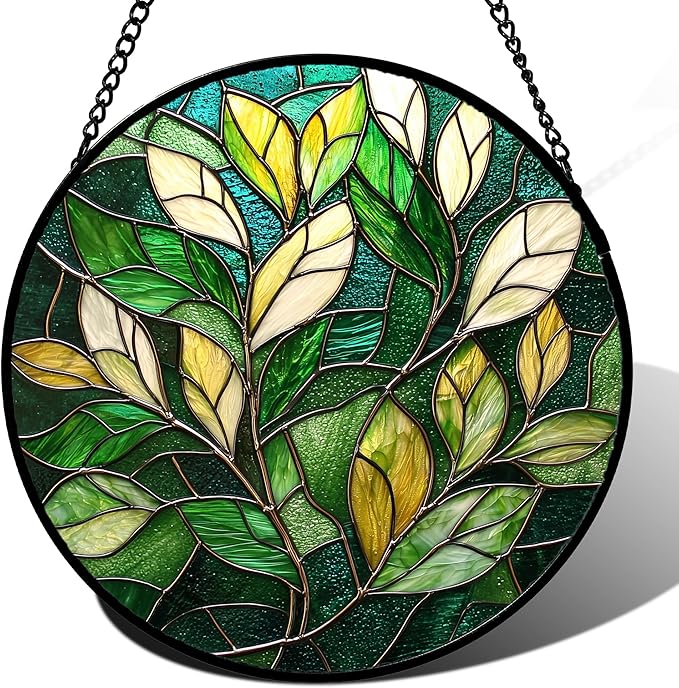 Stained Glass Suncatcher, Green Plant Sun Catcher Yellow White Leaves Stain Glass Window Hanging Decoration Mother's Day Birthday Gifts for Women Men Mom Nana 11.8 in