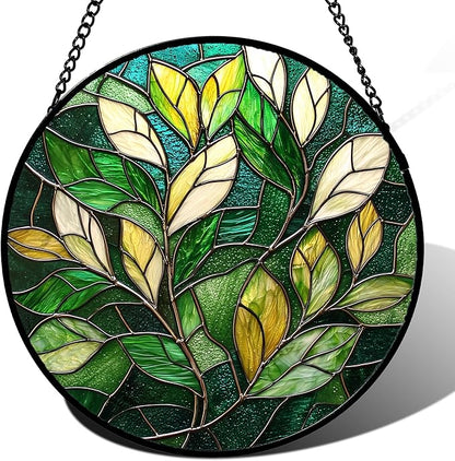 Stained Glass Suncatcher, Green Plant Sun Catcher Yellow White Leaves Stain Glass Window Hanging Decoration Mother's Day Birthday Gifts for Women Men Mom Nana 6.3 in