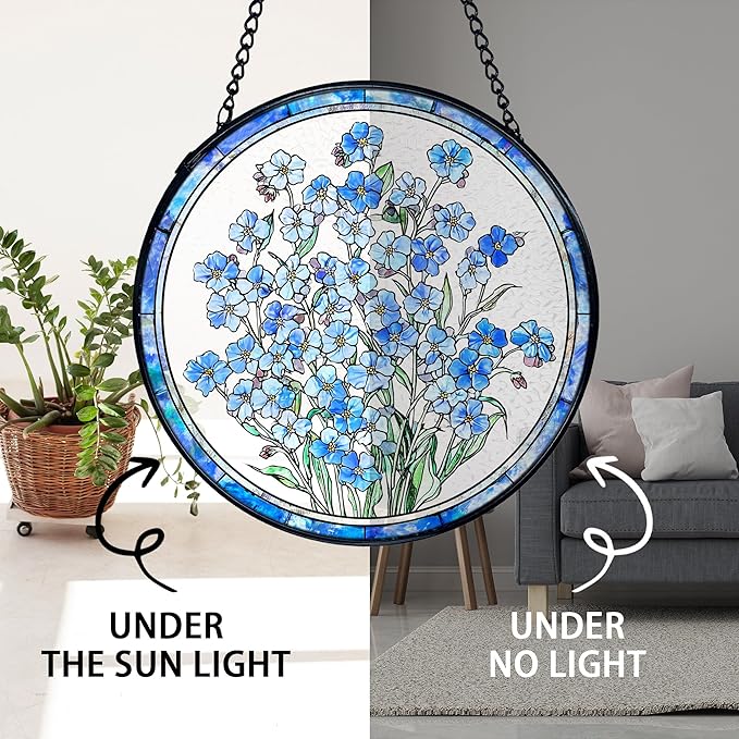 TNUW Blue Forget Me Not Flower Stained Glass Window Hanging, Blue Flower Sun Catchers Indoor Window Glass Round Wall Art Decor, Floral Botanical Wall Hanging Decorations, 7.9＂x7.9＂