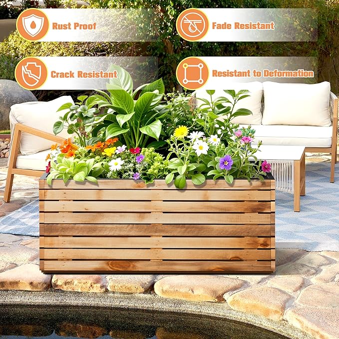 FENCY Metal Planter Box, Large Rectangular Planters for Outdoor Plants, Outdoor Tall Planters with Drainage Holes, Walnut Finish Metal Planters (38" L x 15" W x 16.3" H)