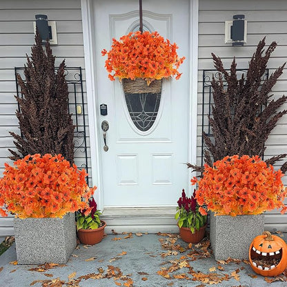 AmyHomie 16 Bundles Fall Orange Artificial Flowers for Outdoor Fall Decor UV Resistant Faux Flowers No Fade Fake Plastic Plants Garden Porch Window Box Decorating