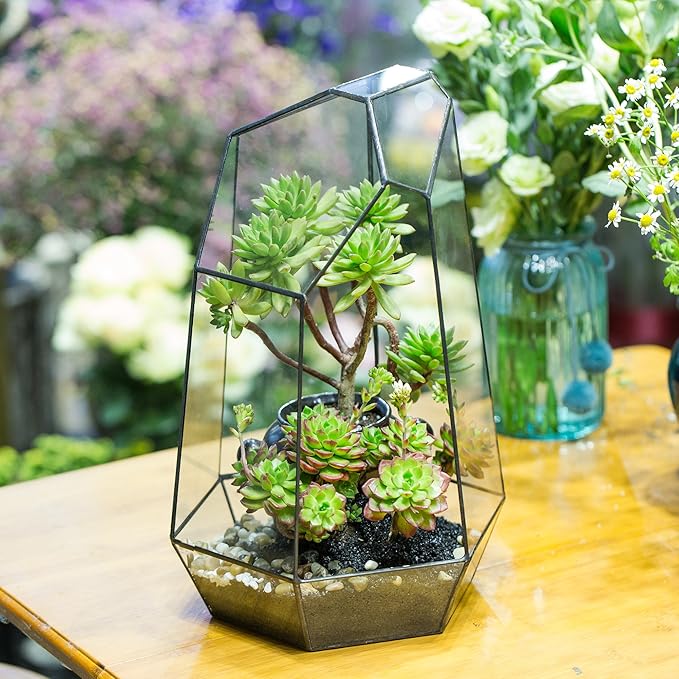 NCYP Large Geometric Terrarium - 16 Inches Tall Irregular Open Glass Terrarium Pot - Home Garden Tabletop Decoration Planter for Air Plants Succulents, Handmade (NO Plants, No Door)