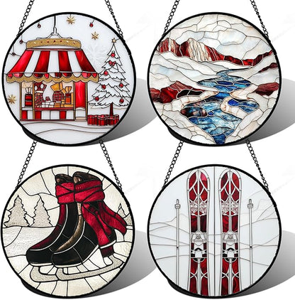 Stained Glass Window Hanging 4 Pcs Set Winter Skiing Red Christmas House Large 15" - Suncatcher Door Garden Sun Catcher Decor Birthday Mother's Day for Mom Woman Nana Friend