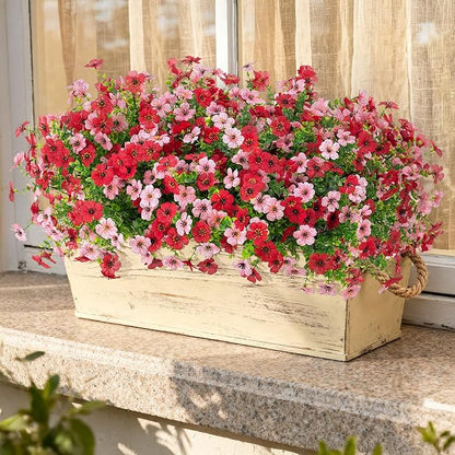 Artificial Fake Mums Flowers for Outdoor Spring Summer Decor, 12 Bundles Faux Silk Plants Daisy for Planter Pot Colorful UV Resistant Look Real for Front Door Porch Patio Outside Yard(Red Pink)