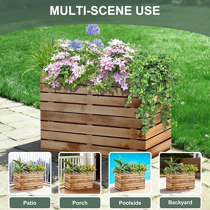 Metal Rectangular Outdoor Planter Box with Drainage Holes, Tall & Large Black Planters for Outdoor Plants, Flowers, Trees (30" L x 12" W x 24" H, Walnut Wood Grain)