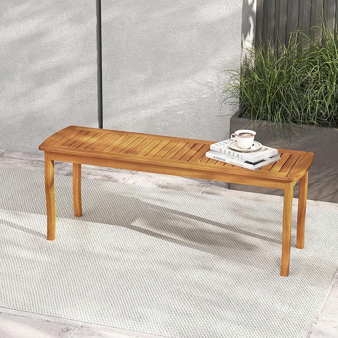 Tangkula Acacia Wood Outdoor Bench, 47" 2-Person Patio Dining Bench with Slatted Seat, Backless Wooden Entryway Bench, Farmhouse Indoor Outdoor Bench for Garden, Poolside, Deck & Park (1,Natural)