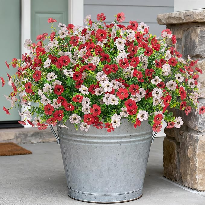 Artificial Fake Plants Flowers for Outdoor Spring Summer Decor, 12 Bundles Faux Silk Daisy for Planter Pot Colorful UV Resistant Look Real for Front Door Porch Patio Outside Yard(Red White)