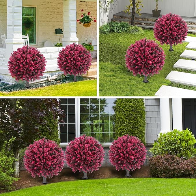 Artificial Red Eucalyptus Topiary Ball Tree 24" with Ground Spike, Set of 2 Artificial Boxwood Bushes for Faux Shrubs, Fake Evergreen Faux Plant for Indoor Outdoor Garden -UV Resistant–Fade-Proof