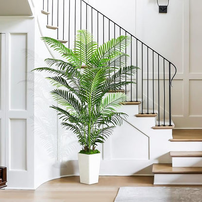 Artificial Palm Tree Indoor, 6FT Fake Floor Plants Large Tropical Silk Plant with White Tall Planter, Faux Areca Palm Plant Artificial Tree in Pot for Home Room Office Outdoor Patio Decor
