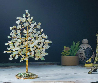 Green Jade Gemstone Tree of Life - Geode Agate Slice Base, Crystal Tree for Positive Energy, Feng Shui Decor - Chakra Tree, Good Luck Money Bonsai, Healing Stones, Gem Tree, Spiritual Mystical Gift
