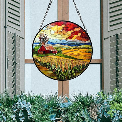 Stained Glass Window Hanging Autumn Farm Corn Harvest Landscape 7.8" - Suncatcher Garden Door Sun Catcher Home Decor Birthday Christmas for Woman Mom Friend Men Nana
