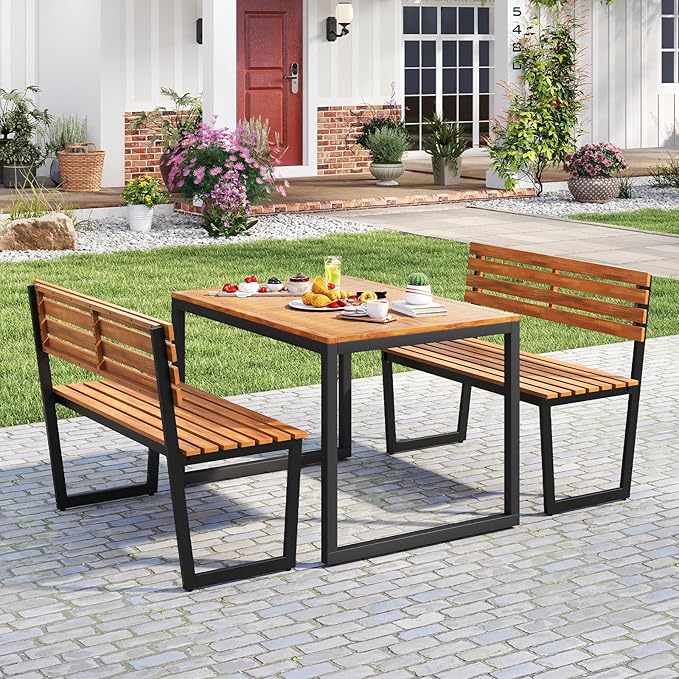 Tangkula 43" Outdoor Wood Bench, 2-Person Acacia Wood Bench with Heavy-Duty Metal Frame, Slatted Seat & Inclined Backrest, 800 lbs Weight Capacity, Patio Bench for Porch, Yard, Balcony, Lawn