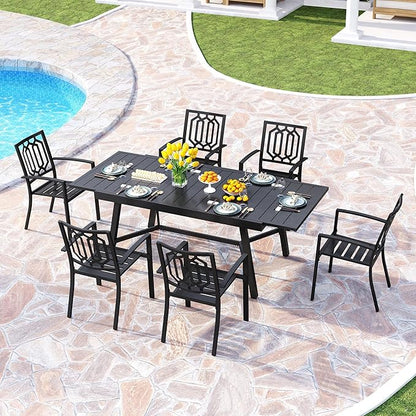 PHI VILLA 7 Pieces Outdoor Dining Set for 6, 84" Long Expandable Metal Steel Table & Stacking Wrought Iron Chairs, Modern Furniture Set for Patio, Deck, Yard, Porch - Black