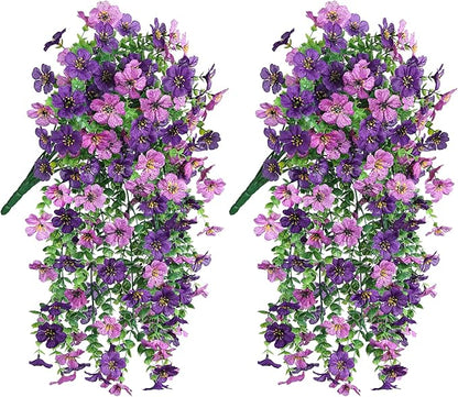 HyeFlora Artificial Flowers for Outdoors Decoration, 2Pcs Dark Purple and Purple Fake Hanging Flowers, UV & Fading Resistant, Faux Decor for Porch Patio Balcony Planter