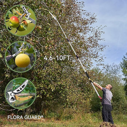 FLORA GUARD 4.6-10ft Extendable Tree Pruner，Cut and Hold Pruning Trimmer - Long Reach Pole Saw, Telescoping Fruit Picker, Branches Bypass Lopper - Lightweight Tree Trimmers Long Handle Pruner