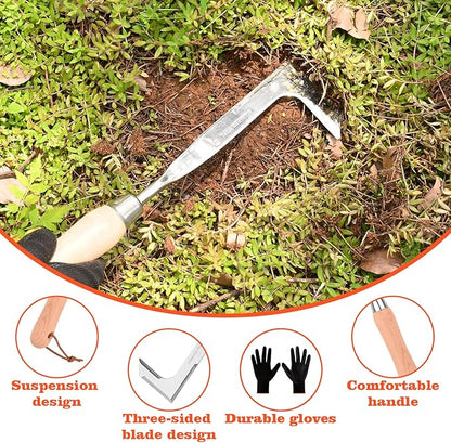 3-Sided Crevice Weeder - 12.6" Stainless Steel Garden Weeding Tool with Beech Handle, L-Shaped Crevice Weeder Sickle for Garden Lawn, Yard Patio Terrace, Paving Gaps