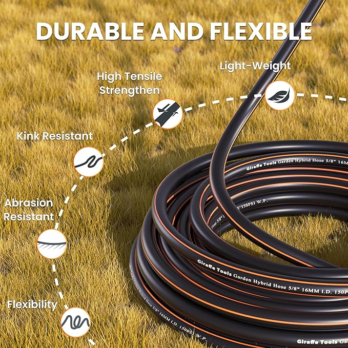 Giraffe Tools Garden Hose 75ft x 5/8", Water Hose Heavy Duty, Flexible, Lightweight Hybrid Hose with Swivel Handle, Male to Female Fittings, Burst 600 PSI