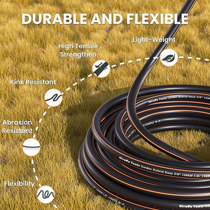 Giraffe Tools Garden Hose 75ft x 5/8", Water Hose Heavy Duty, Flexible, Lightweight Hybrid Hose with Swivel Handle, Male to Female Fittings, Burst 600 PSI
