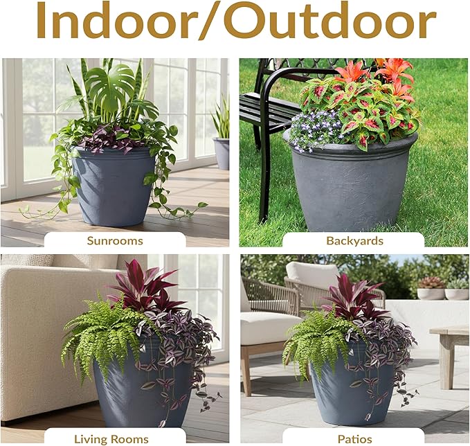 Sunnydaze 20-Inch Anjelica Large Plastic Pot for Plants - Double-Walled Outdoor Polyresin Round Planter Porch Pot with Drillable Drainage Holes - Slate - 4pk