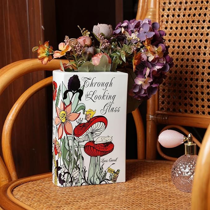 Ceramic Book Vase for Flowers, Home Decor - Cute Bookshelf Decor, Book Lovers Gift - Unique Large Accent for Bedroom/Office (Through The Looking Glass)