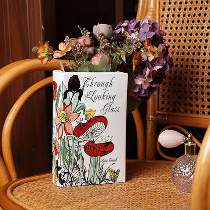 Ceramic Book Vase for Flowers, Home Decor - Cute Bookshelf Decor, Book Lovers Gift - Unique Large Accent for Bedroom/Office (Through The Looking Glass)