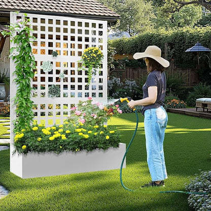 Metal Raised Garden Bed with Trellis, 2 in 1 Trellis with Planter Box & Privacy Screen for Climbing Plants, Vine, Outdoor Standing Flower Beds with Drainage Holes, 47.2" L x 16.7" W x 70.8" H, White