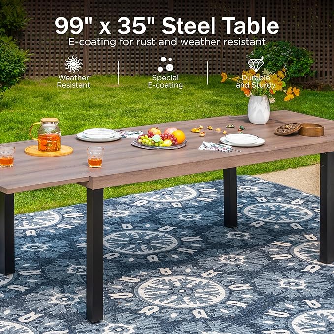 PHI VILLA 7 Piece Outdoor Dining Set for 6, Expandable Wood-Like Metal Dining Table & Wrought Iron Stackable Chairs, Large Dining Furniture for Patio, Deck, Backyard, Porch
