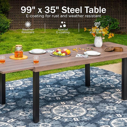 PHI VILLA 9 Piece Outdoor Dining Set for 8, Expandable Wood-Like Metal Dining Table & Wrought Iron Stackable Chairs, Large Dining Furniture for Patio, Deck, Backyard, Porch