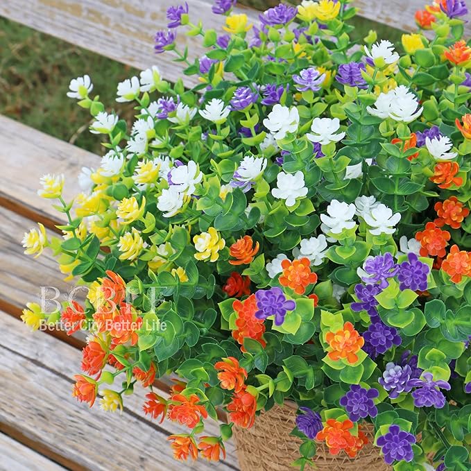 Artificial Flowers Outdoors, 12 Bundles Not-Fading Fake Flowers UV-Anti Faux Plastic Mix-Colored Plants for Indoor & Outdoor Porch Garden Vase Décor (4 Colors)