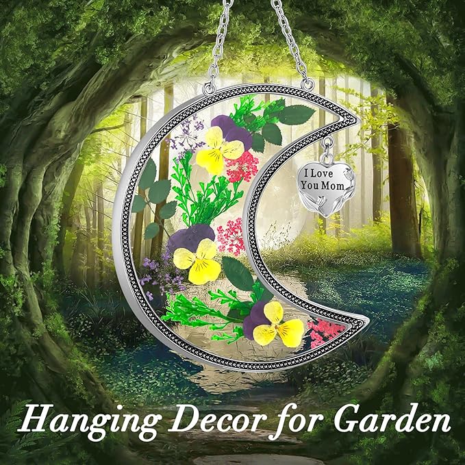 KY&BOSAM Moon Suncatcher Mom Gifts Stained Glass for Window Hangings Wind Chimes Decor with Pressed Real Flower and Metal I Love You Mom Heart Charm Birthday Gift for Women Mother`s Day Christmas