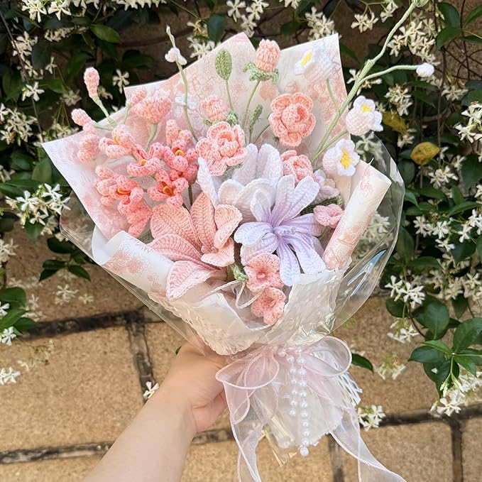 Tulip Crape Myrtle Peruvian Lily Pink White Crochet Flowers Bouquet Handmade Knitted Artificial Flowers Home Decor
