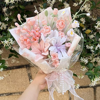 Tulip Crape Myrtle Peruvian Lily Pink White Crochet Flowers Bouquet Handmade Knitted Artificial Flowers Home Decor