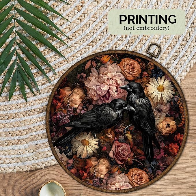 cvjutf Vintage Dark Raven Wall Art Decor Framed, Gothic Black Crow Floral Round Wall Decor, Witchy Raven Botanical Canvas Prints Art for Gallery Bathroom Living Room, 10x10 Inch