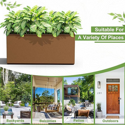 Metal Planter Box Rectangular Planter Box with Drainage Hole, Outdoor Large Planters, All-Weather Use, Rust-Resistance, for Flowers Plants, 38" L × 15" W × 16.3" H, Brown