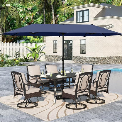 Sophia & William Patio Table and Chairs Set with Umbrella 8 Piece Outdoor Dining Set for 6 with 13ft Double-Sided Patio Navy Umbrella, 6 x Swivel Patio Chairs, 1 Metal Table for Lawn Garden