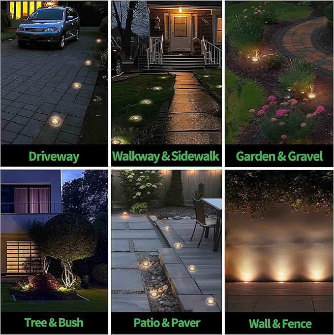 Ground Well Lights Kit, 12 Pack Landscape Low Voltage Inground Lights and 200W Transformer and 250FT Cable and 40 Wire Connectors, Outdoor Waterproof IP67 Aluminum for Backyard Wall 6W 350LM