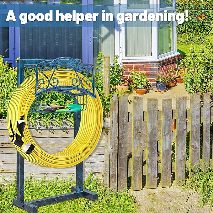 Garden Hose Holder for Outside - Upgraded Water Hose Holder Holds with Storage Basket, Heavy Duty Metal Freestanding Garden Hose Storage Reel Rack for Outdoor Yard Lawn (Blue)