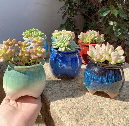 4PCS Small Ceramic Succulent Pots，Cute Glazed Handcraft Succulent Planters with Drainage Hole，3.8 inch Pots for Plants